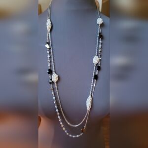 SWAROVSKI LONG SILVER CHAIN MOONSTONE BLACK STONE CRYSTAL CHAIN NECKLACE 72"
